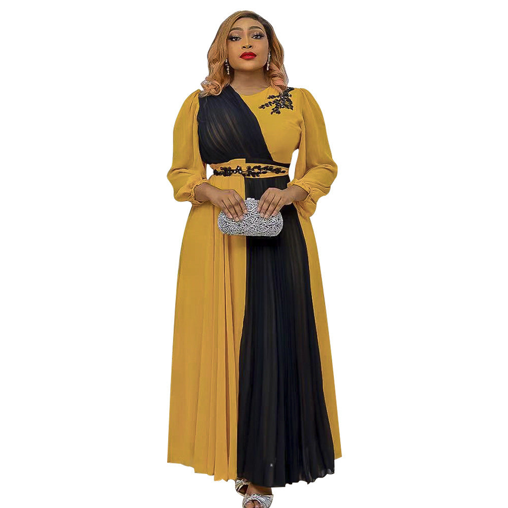 Stitching Round Neck Ladies High Waist Dress