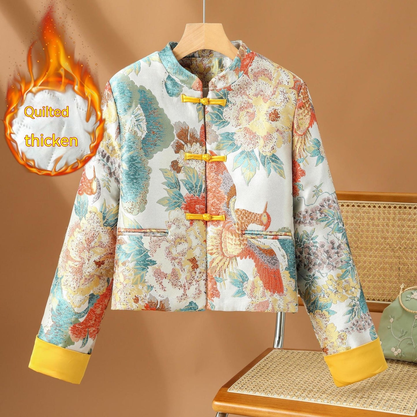 For The Sake Of Beauty Jacquard Buckle Round Neck Vintage Coat