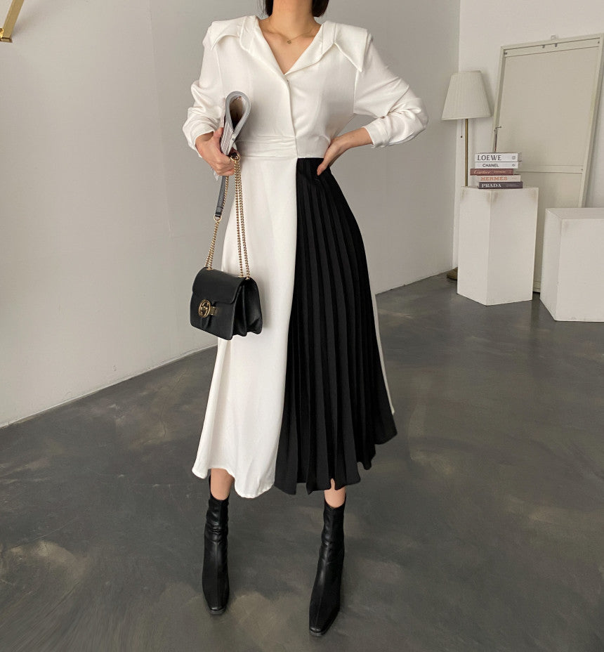 French Hepburn Contrast Long Elegant Dress