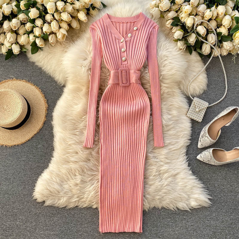 Autumn And Winter Design Sense Belt Waist Slimming Hollow Stripes Slim Fit Dress