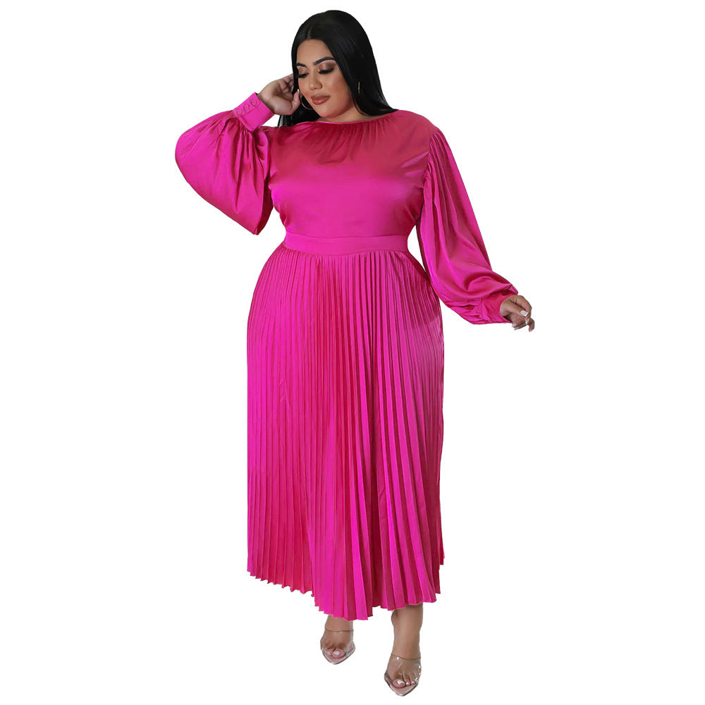 Pleated Round-neck Long Dress Women