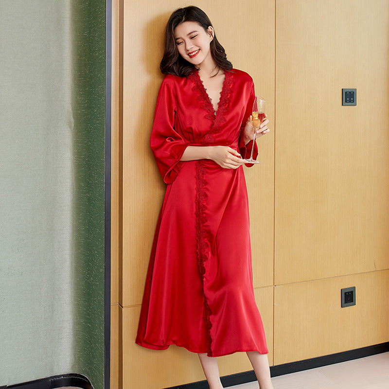 Wedding Dressing Robe Back Hollow Lace Pajamas Wedding Long Homewear