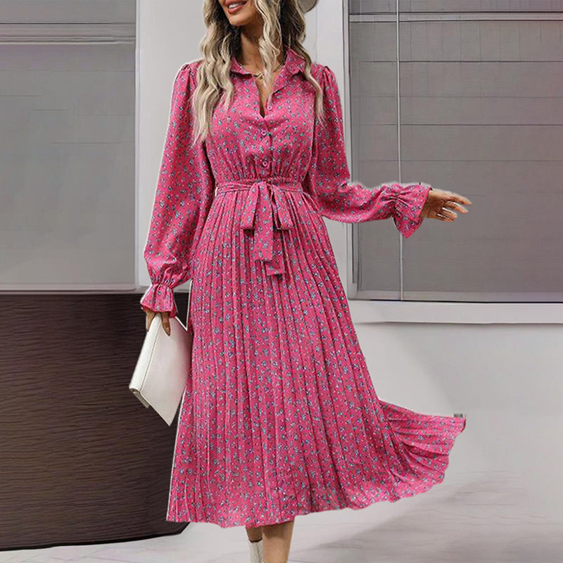 Women's Long Sleeve V Neck Button Down Belted A-Line Flowy Midi Shirt Dress