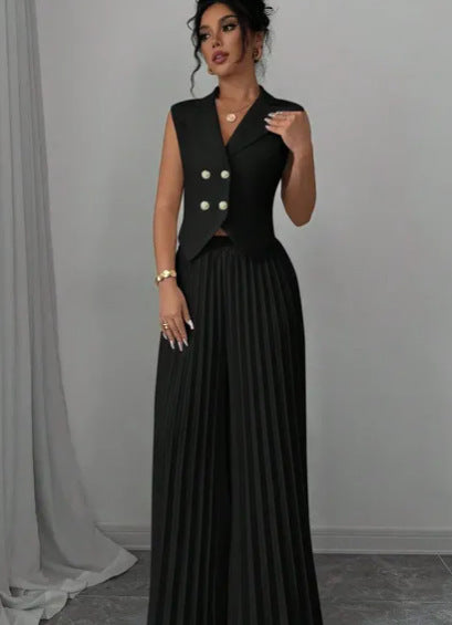 Summer Sleeveless Suit Fashion Lapel Button Vest Top And Pleated Straight Pants Women's Trousers Set Clothing