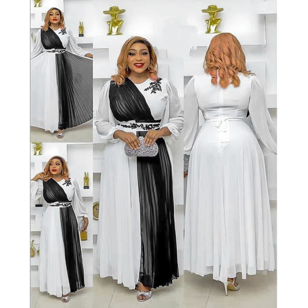 Stitching Round Neck Ladies High Waist Dress