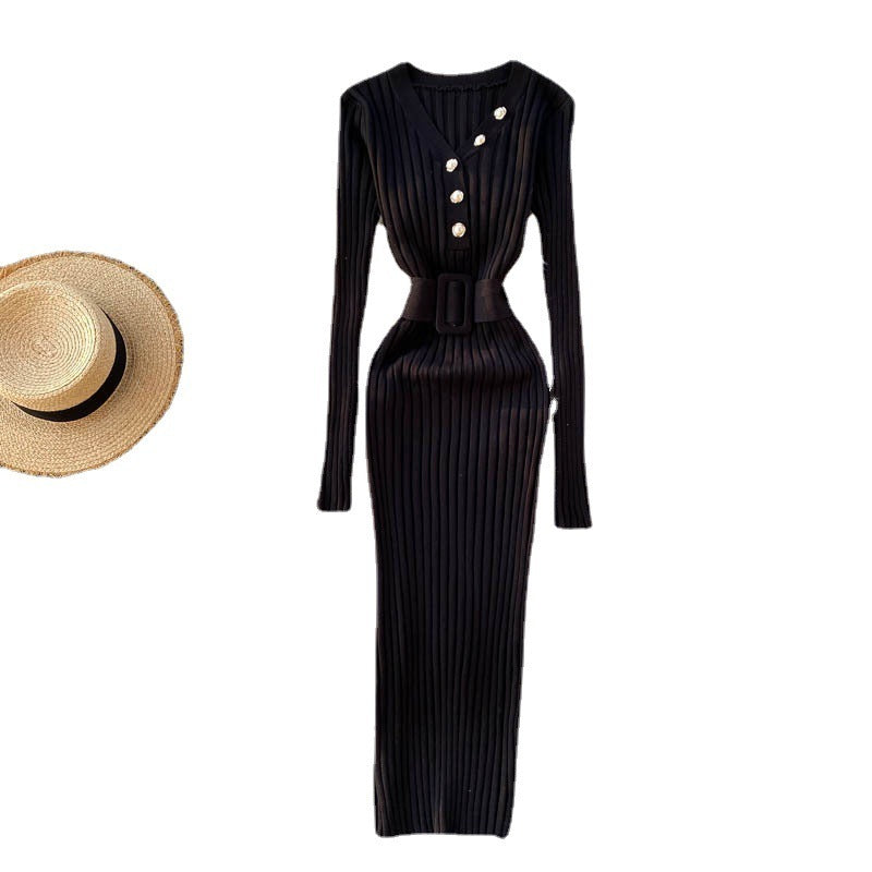 Autumn And Winter Design Sense Belt Waist Slimming Hollow Stripes Slim Fit Dress