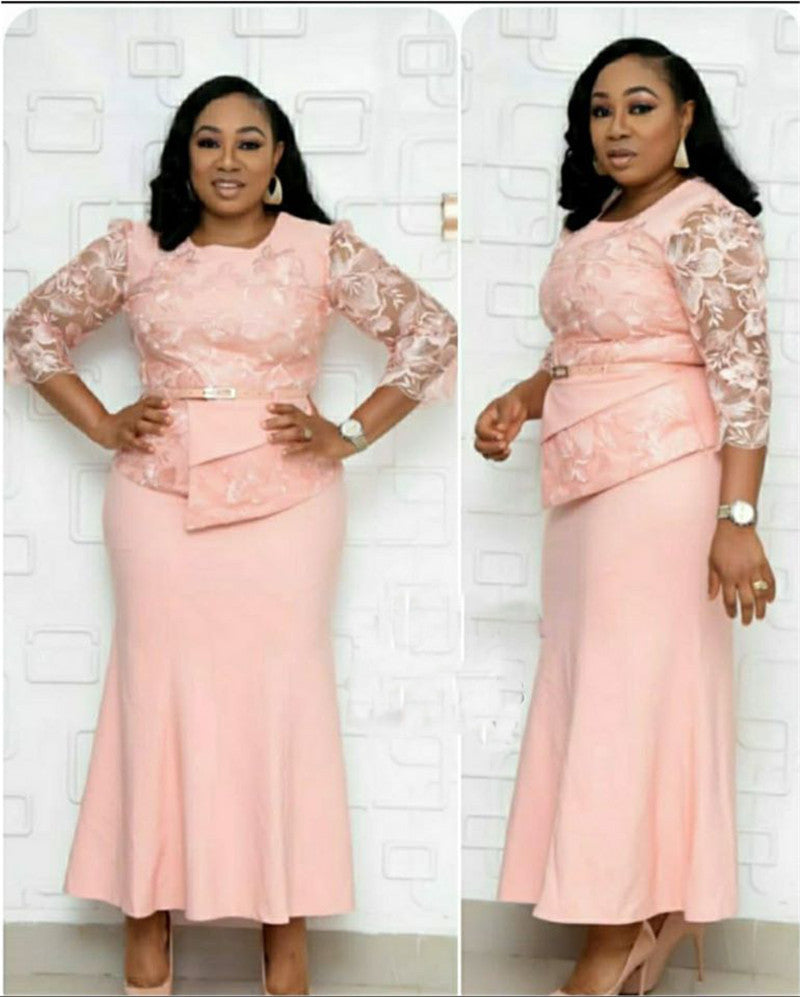 Two-piece Dress With Lace Stitching and Belt