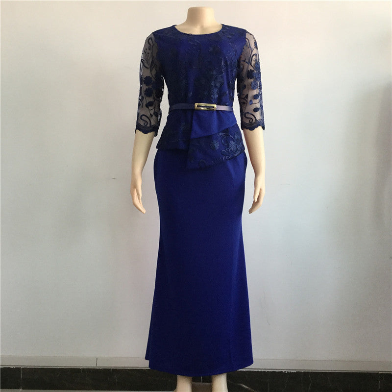 Two-piece Dress With Lace Stitching and Belt