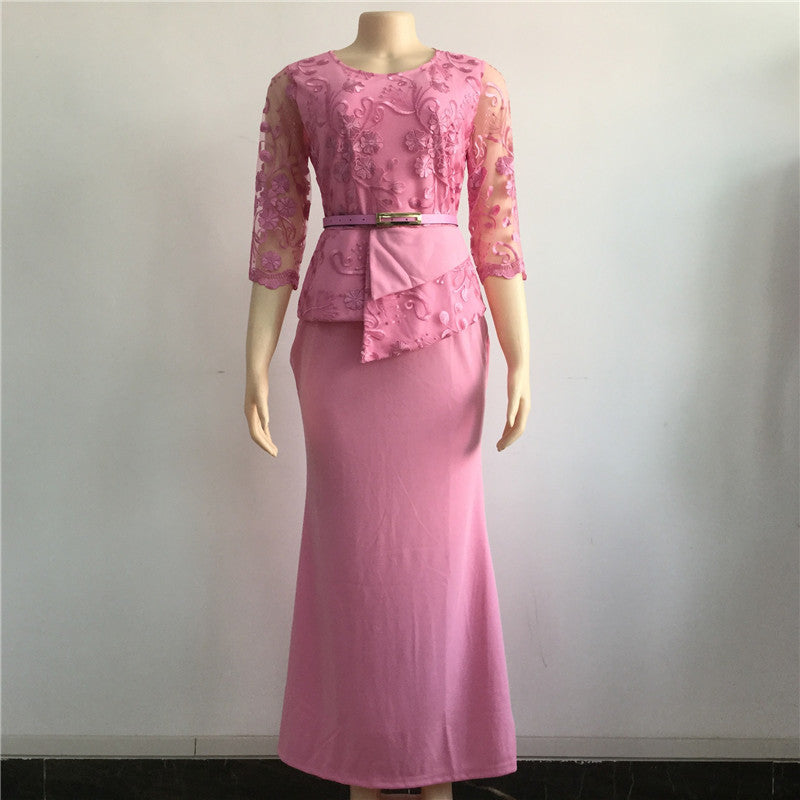 Two-piece Dress With Lace Stitching and Belt