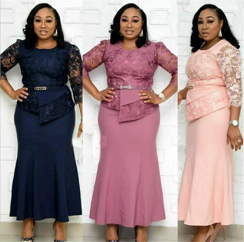 Two-piece Dress With Lace Stitching and Belt