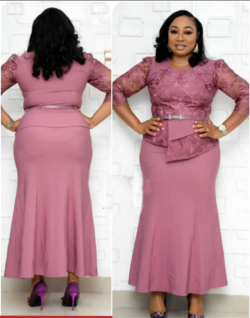 Two-piece Dress With Lace Stitching and Belt