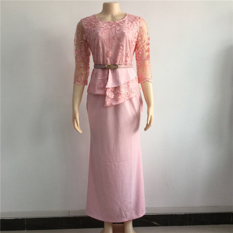 Two-piece Dress With Lace Stitching and Belt