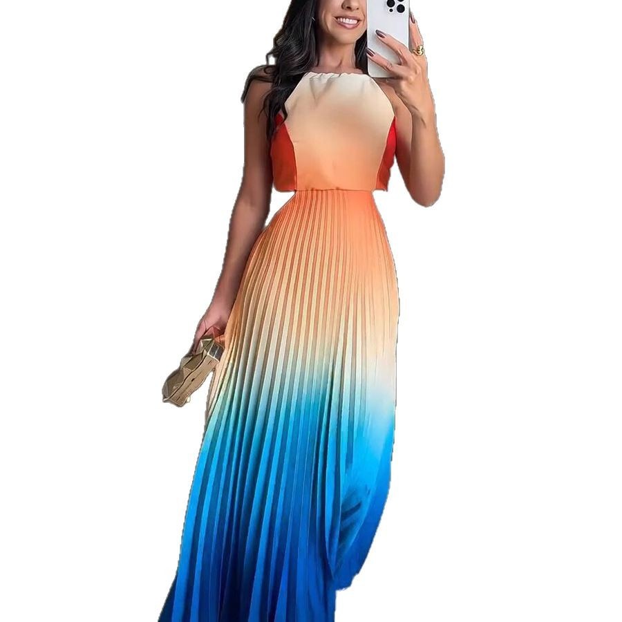 New European And American Sleeveless Pleated Backless Gradient Color Dress