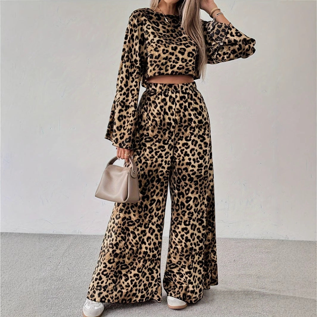Leopard Print Loose Comfortable Long Sleeve Trousers Two-piece Set