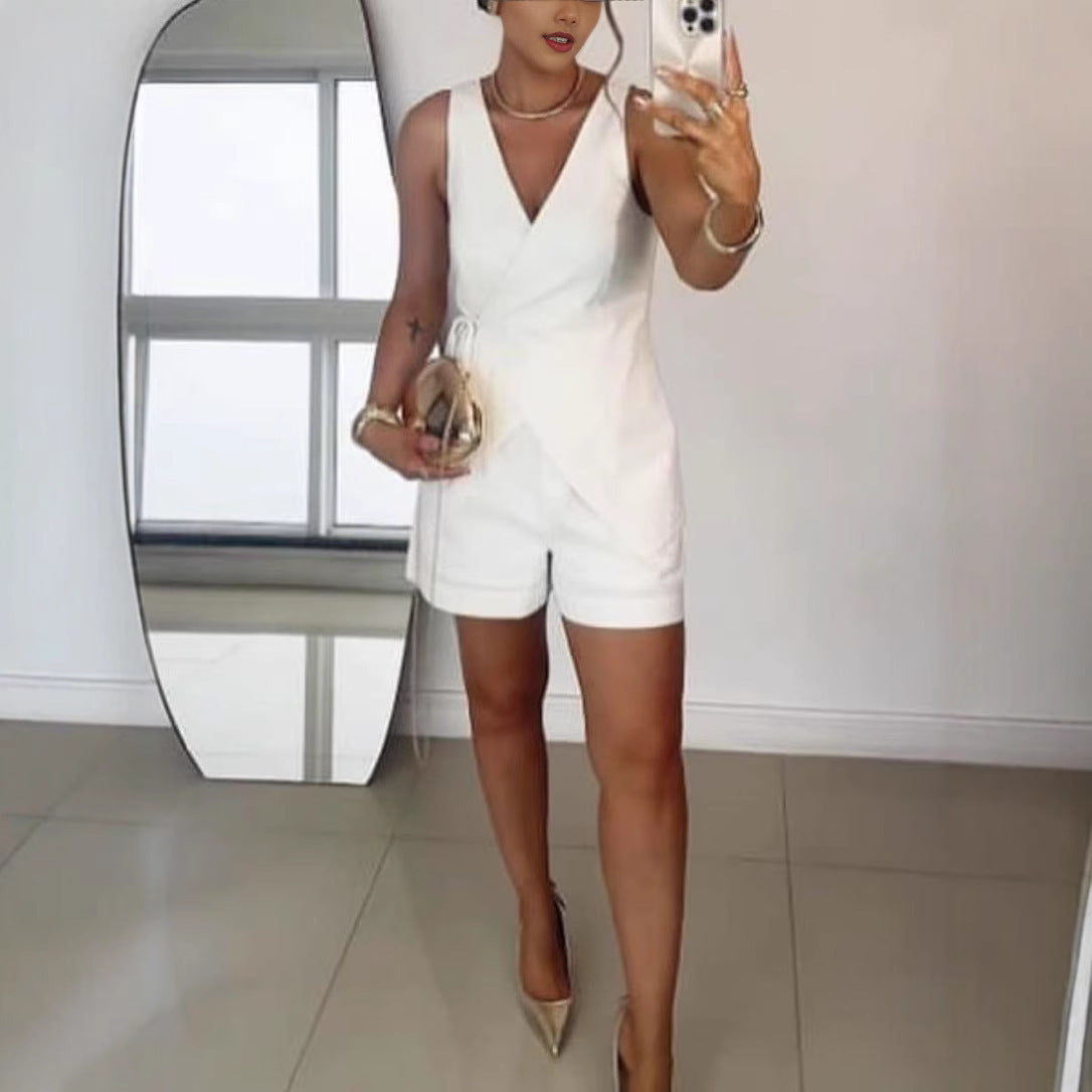 Solid Color Tie Vest High Waist Shorts Suit