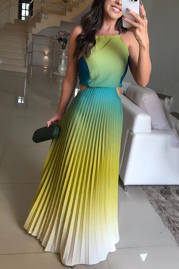 New European And American Sleeveless Pleated Backless Gradient Color Dress