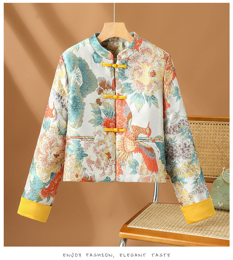 For The Sake Of Beauty Jacquard Buckle Round Neck Vintage Coat