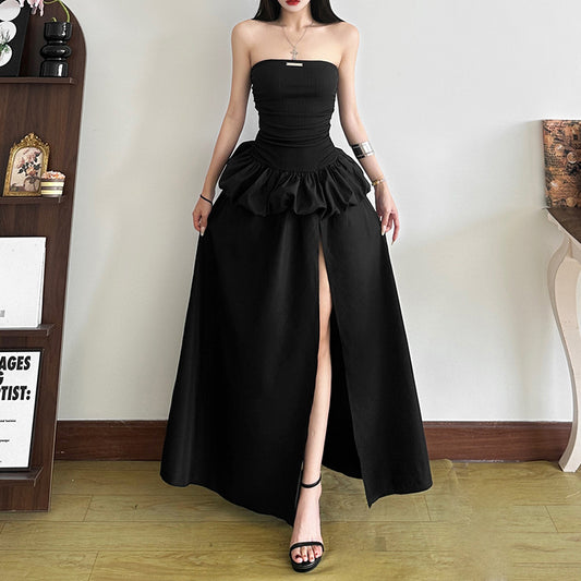 New Women's Solid Color Slim-fit High Waist Fashion Off-neck Split Dress