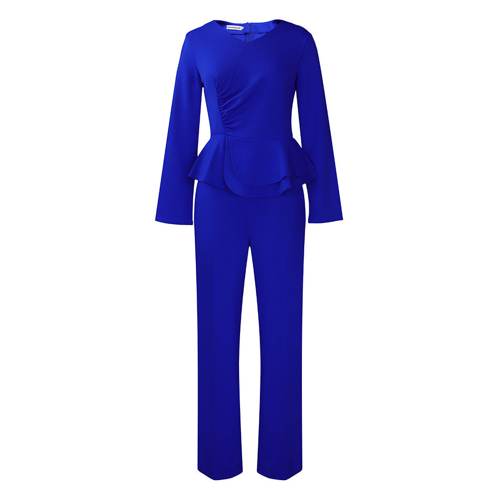 Fashion OL Ruffled V-neck Top Pants European And American Two-piece Set