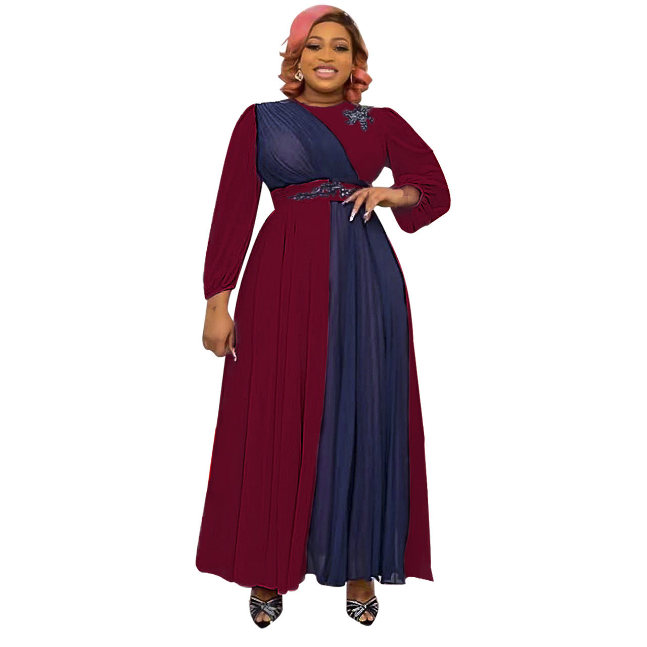 Stitching Round Neck Ladies High Waist Dress