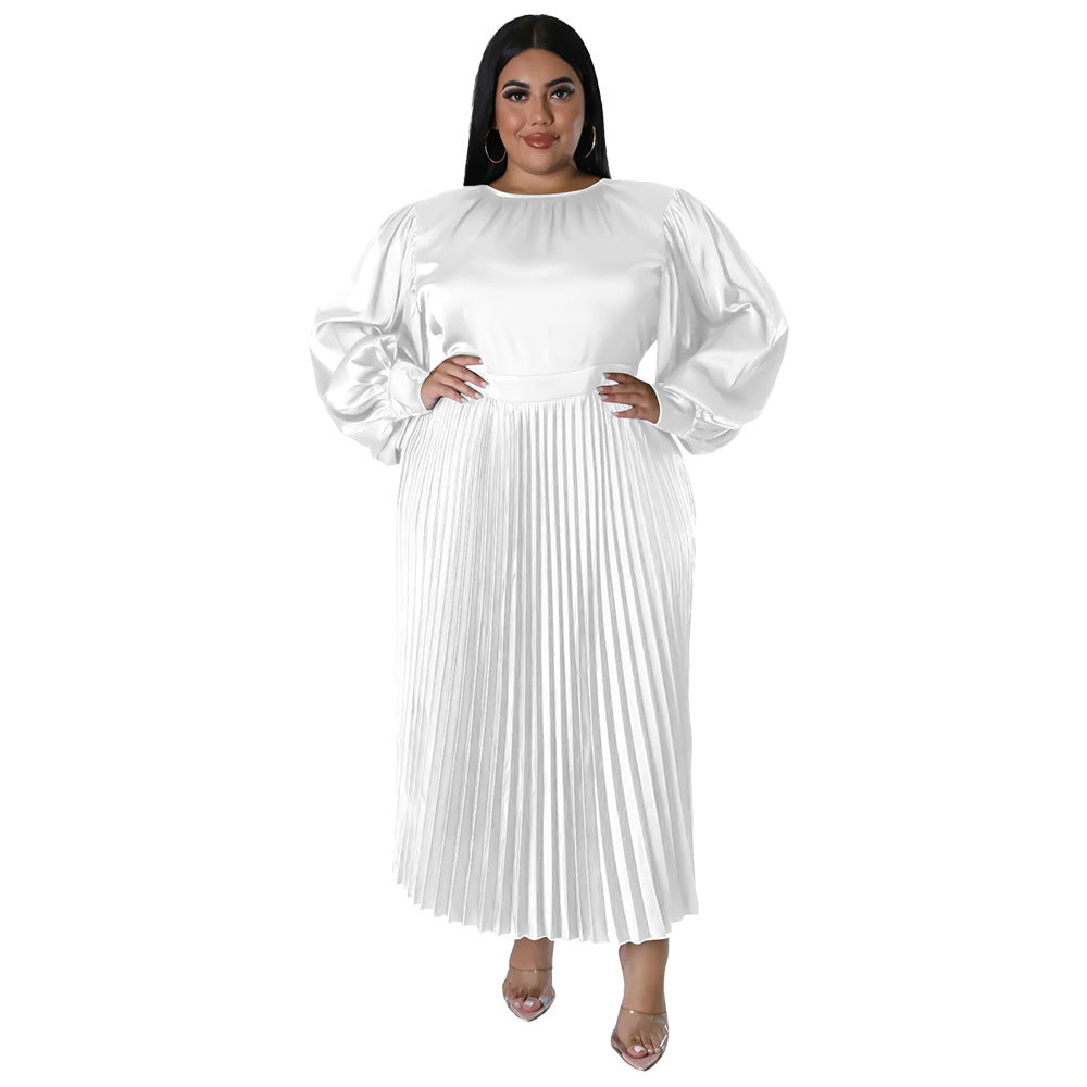 Pleated Round-neck Long Dress Women