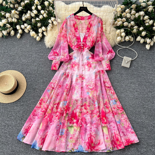 Women's French Retro Deep V-neck Waist Trimming Printing Chiffon Vacation Skirt