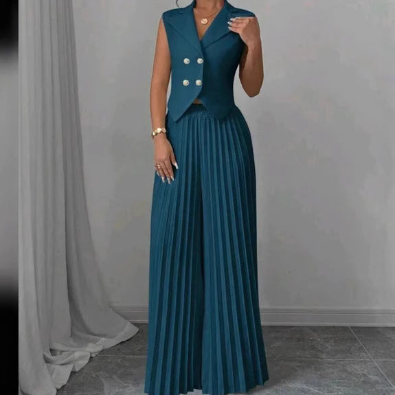 Summer Sleeveless Suit Fashion Lapel Button Vest Top And Pleated Straight Pants Women's Trousers Set Clothing