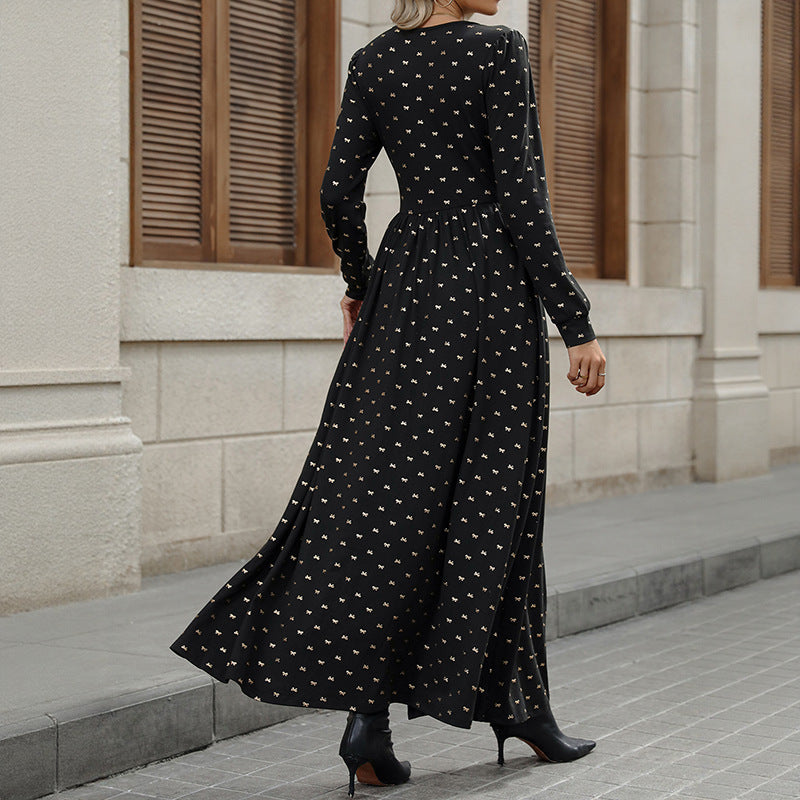 Elegant Retro Lace V-neck Bow Print Dress