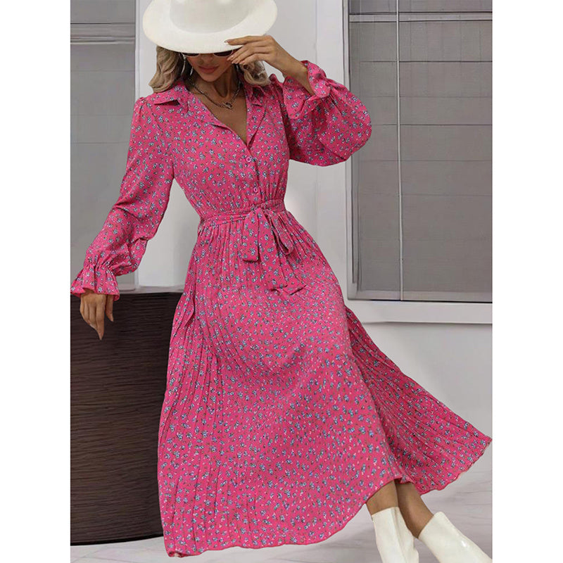 Women's Long Sleeve V Neck Button Down Belted A-Line Flowy Midi Shirt Dress