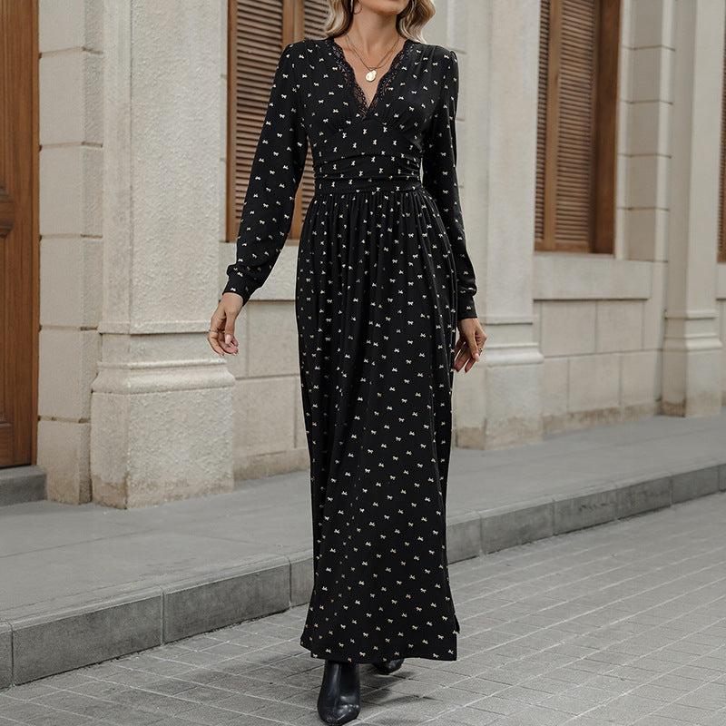 Elegant Retro Lace V-neck Bow Print Dress