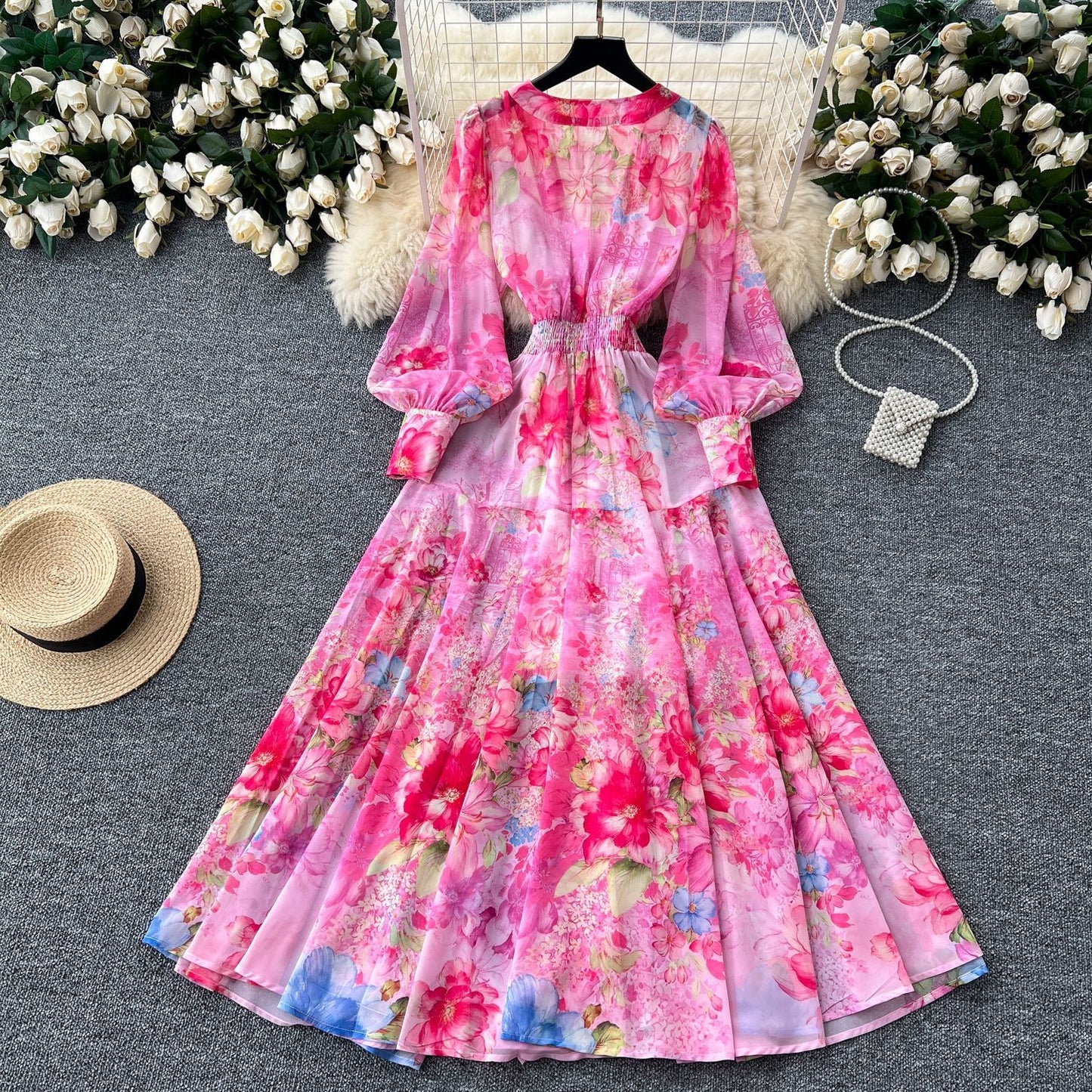 Women's French Retro Deep V-neck Waist Trimming Printing Chiffon Vacation Skirt