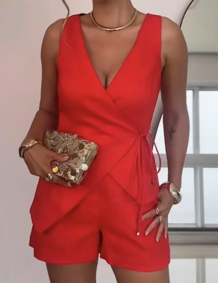 Solid Color Tie Vest High Waist Shorts Suit