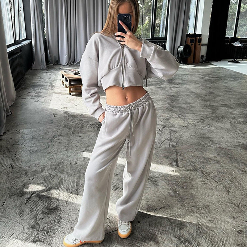 Long Sleeve Zipper Hooded Sweater Solid Color Laced Pants Two-piece Set