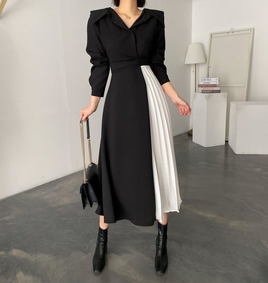 French Hepburn Contrast Long Elegant Dress