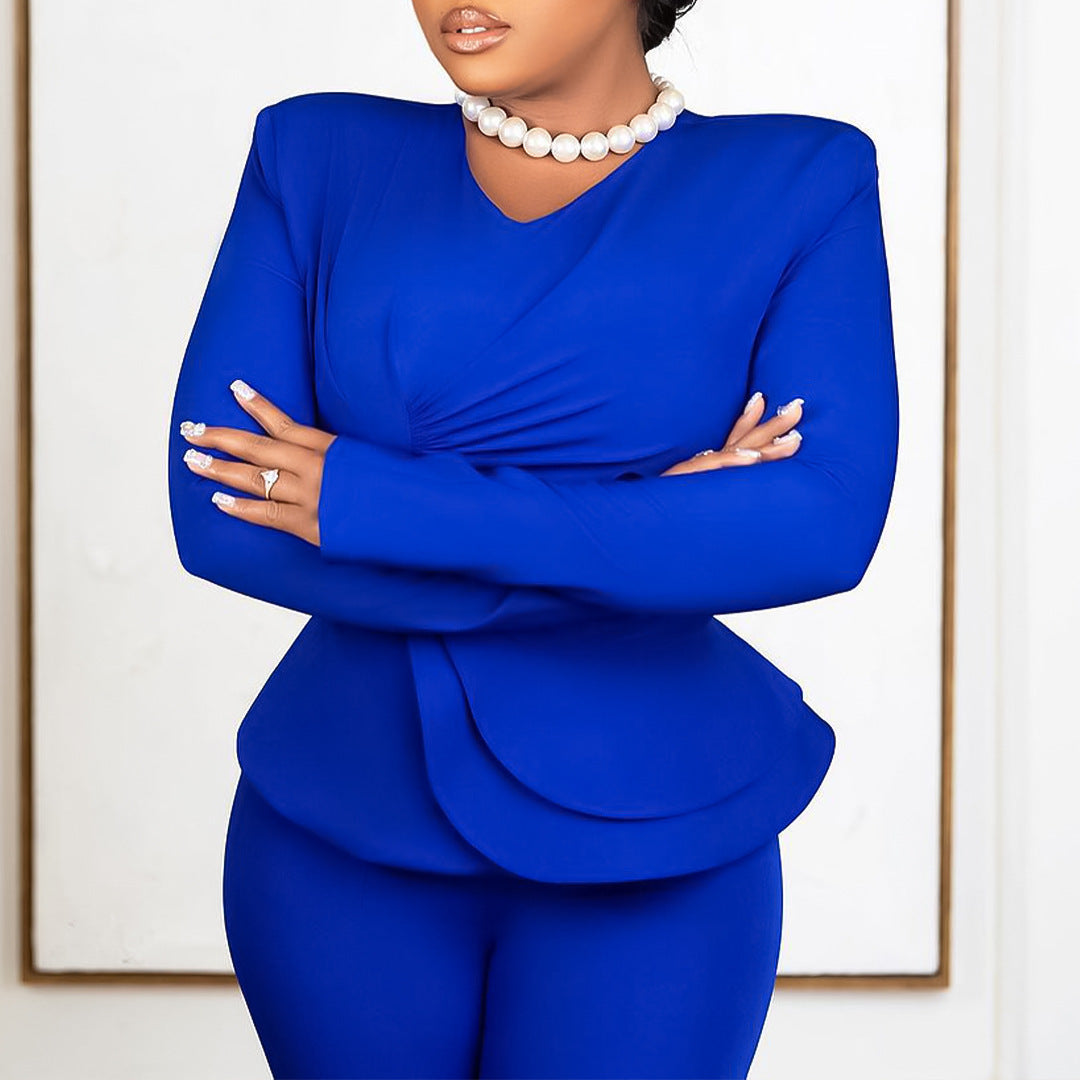 Fashion OL Ruffled V-neck Top Pants European And American Two-piece Set