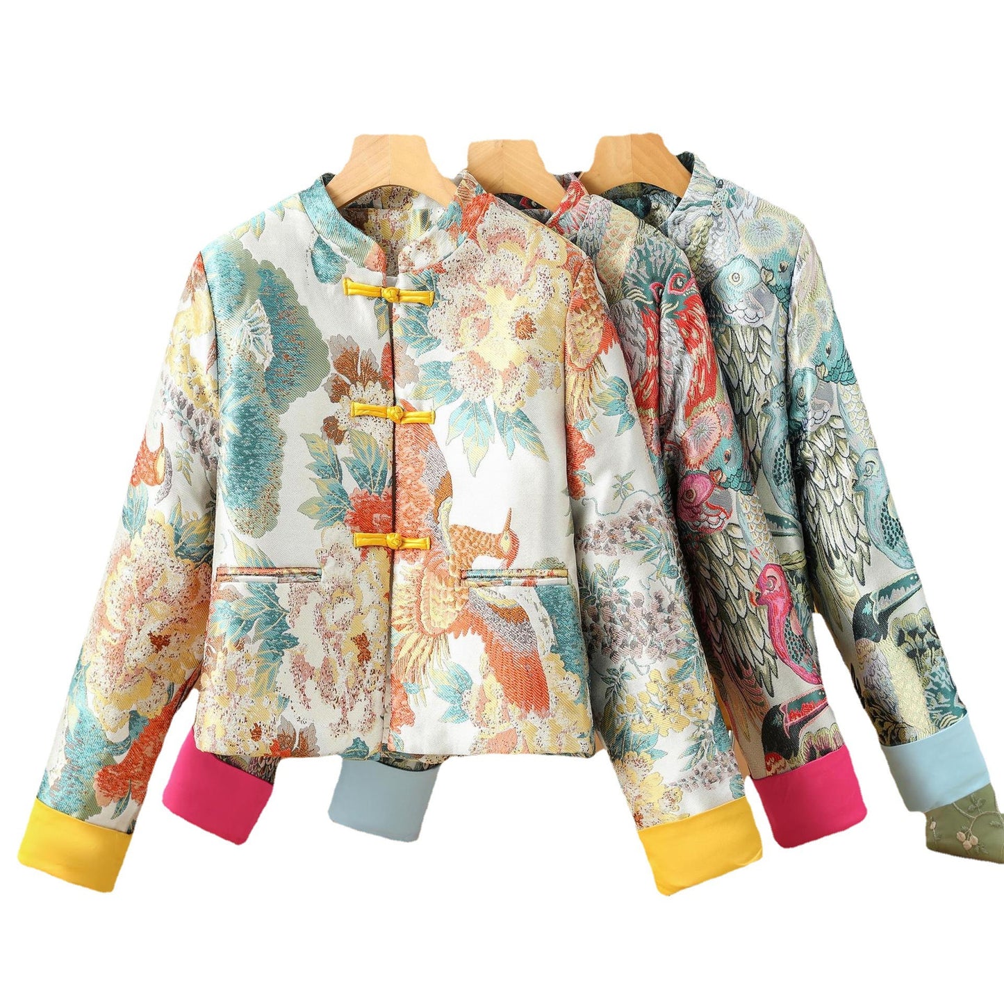 For The Sake Of Beauty Jacquard Buckle Round Neck Vintage Coat