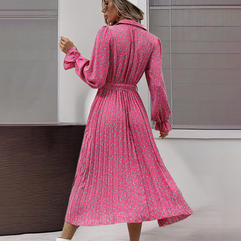 Women's Long Sleeve V Neck Button Down Belted A-Line Flowy Midi Shirt Dress