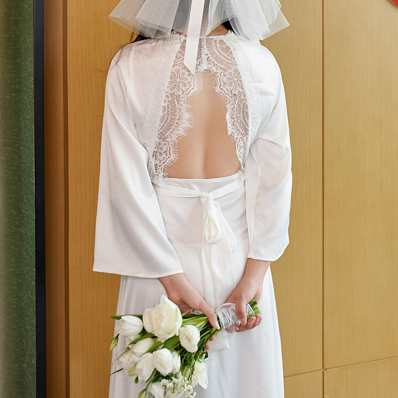 Wedding Dressing Robe Back Hollow Lace Pajamas Wedding Long Homewear