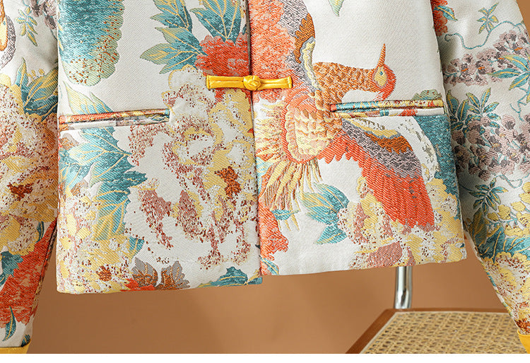 For The Sake Of Beauty Jacquard Buckle Round Neck Vintage Coat