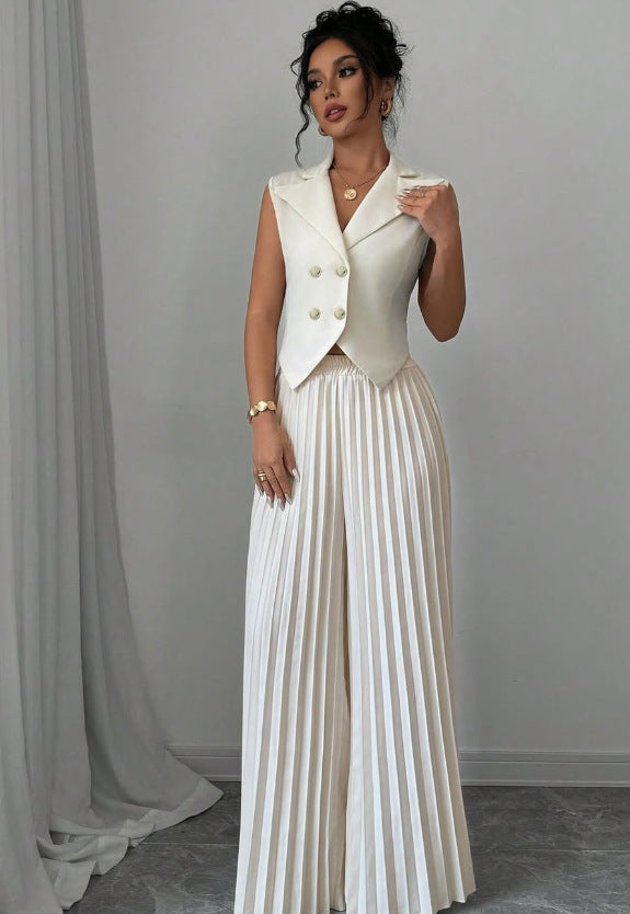 Summer Sleeveless Suit Fashion Lapel Button Vest Top And Pleated Straight Pants Women's Trousers Set Clothing