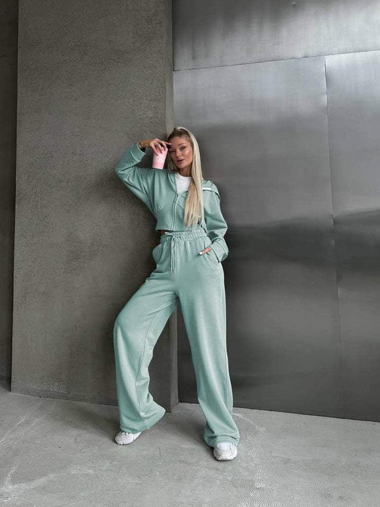 Long Sleeve Zipper Hooded Sweater Solid Color Laced Pants Two-piece Set