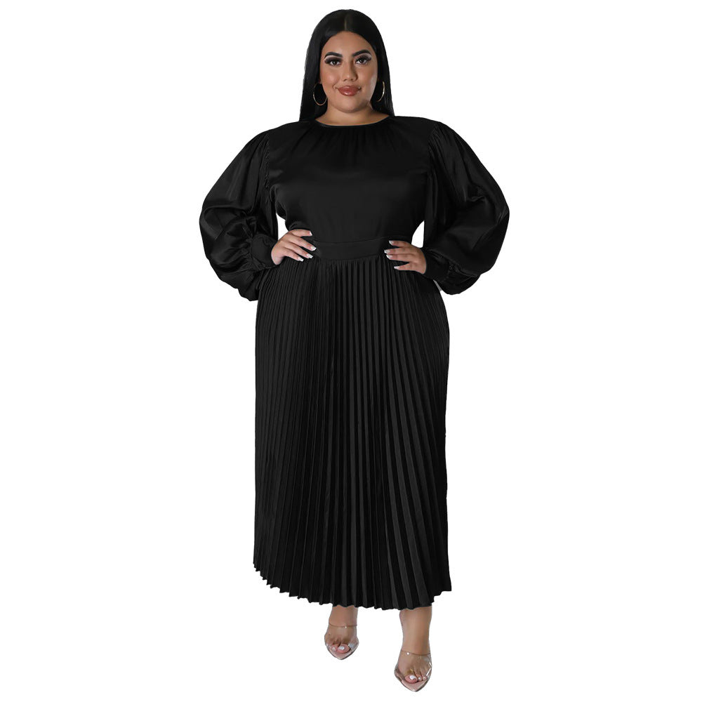 Pleated Round-neck Long Dress Women