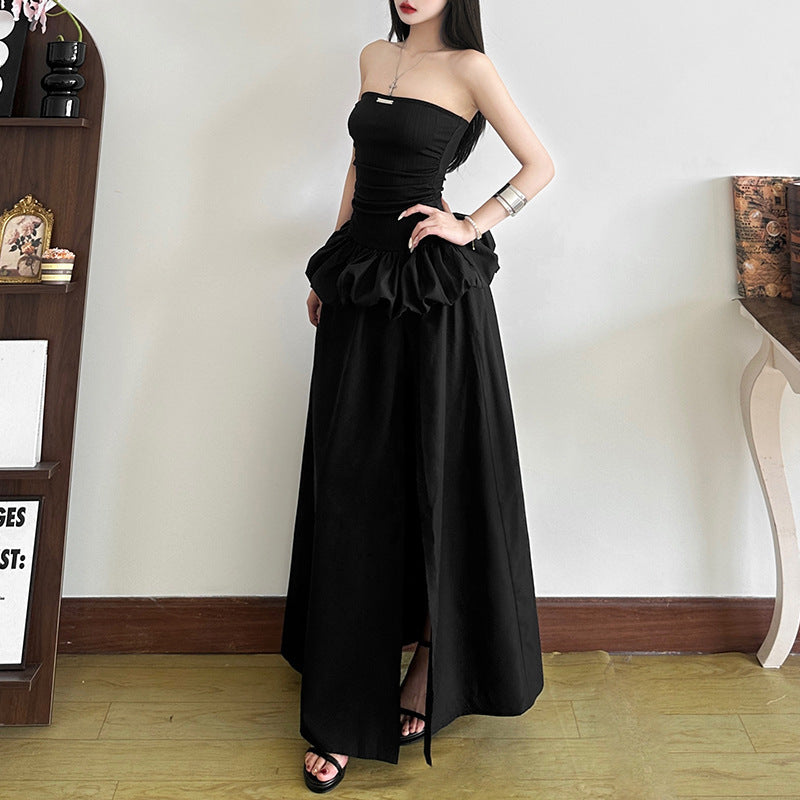 New Women's Solid Color Slim-fit High Waist Fashion Off-neck Split Dress