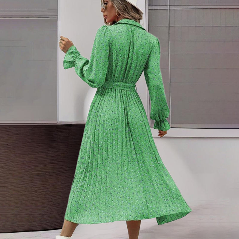 Women's Long Sleeve V Neck Button Down Belted A-Line Flowy Midi Shirt Dress