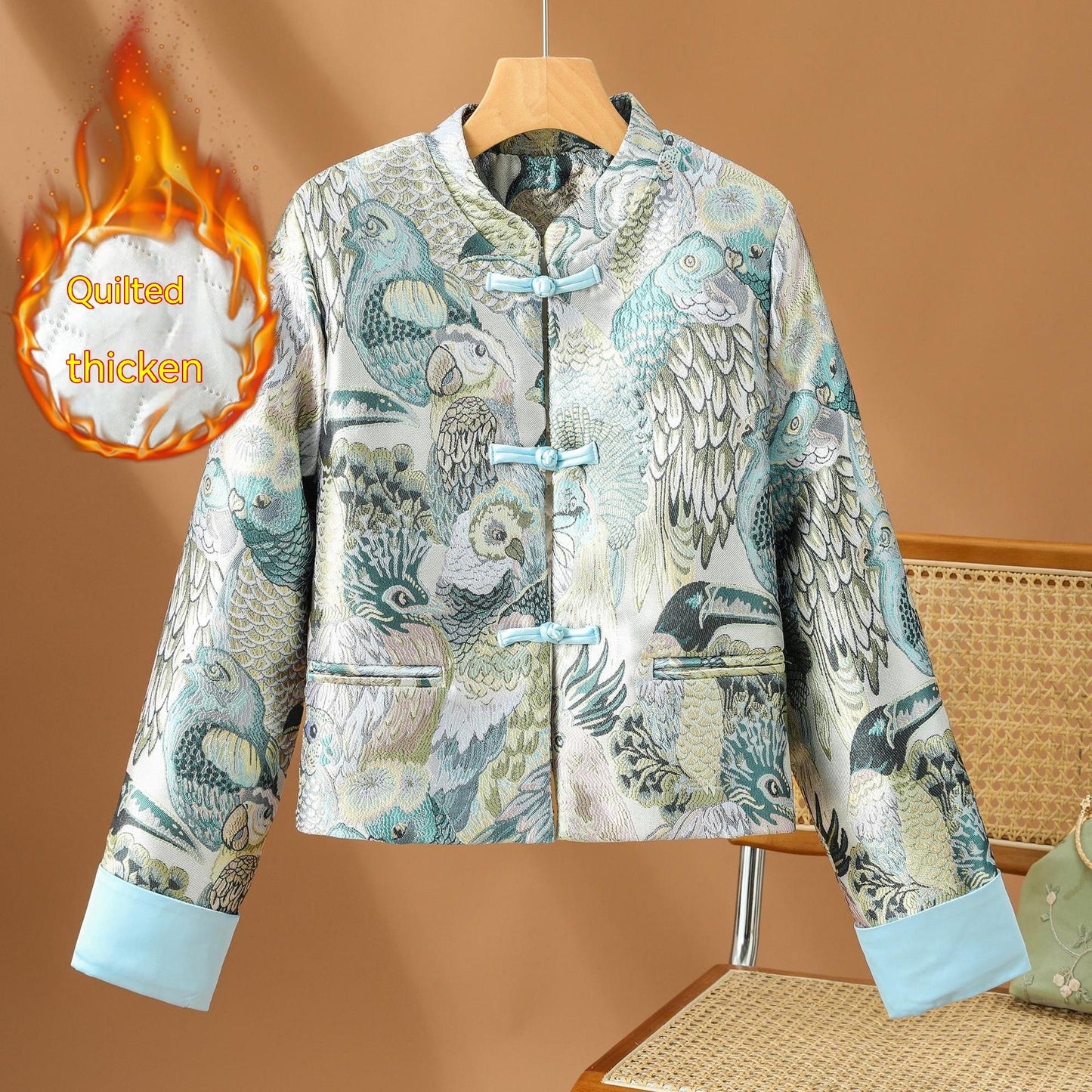 For The Sake Of Beauty Jacquard Buckle Round Neck Vintage Coat