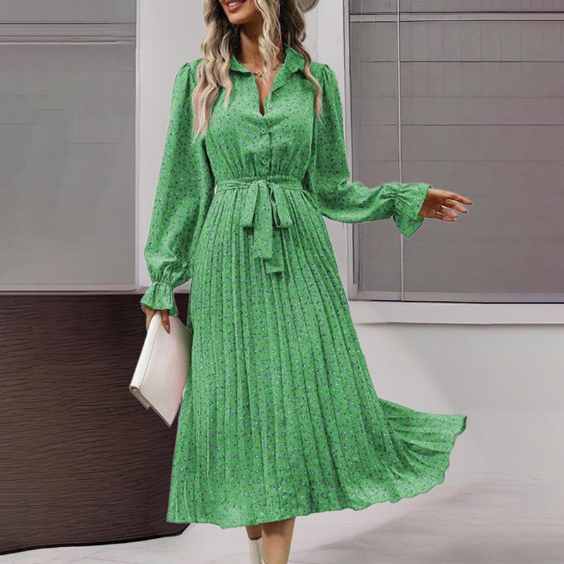 Women's Long Sleeve V Neck Button Down Belted A-Line Flowy Midi Shirt Dress