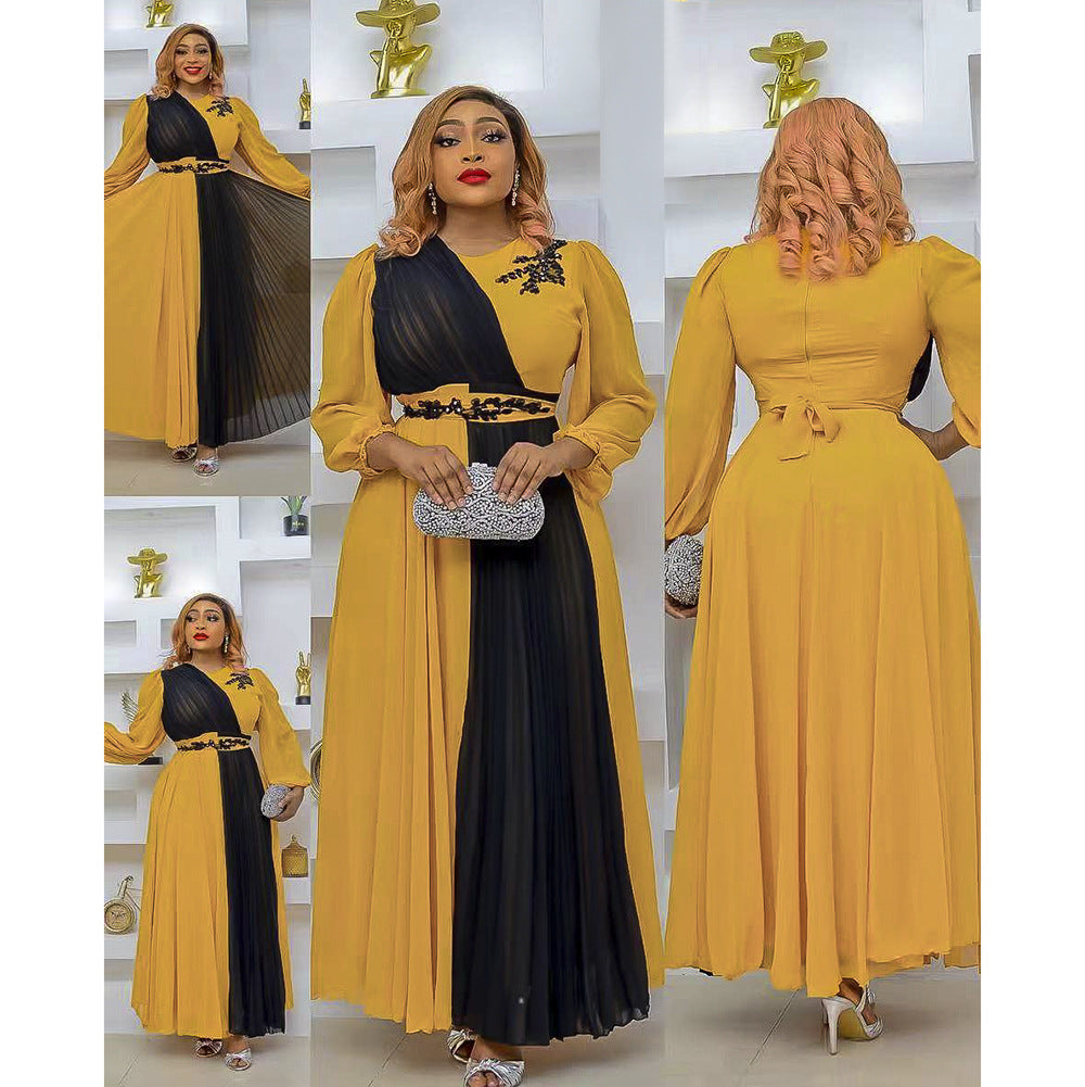 Stitching Round Neck Ladies High Waist Dress