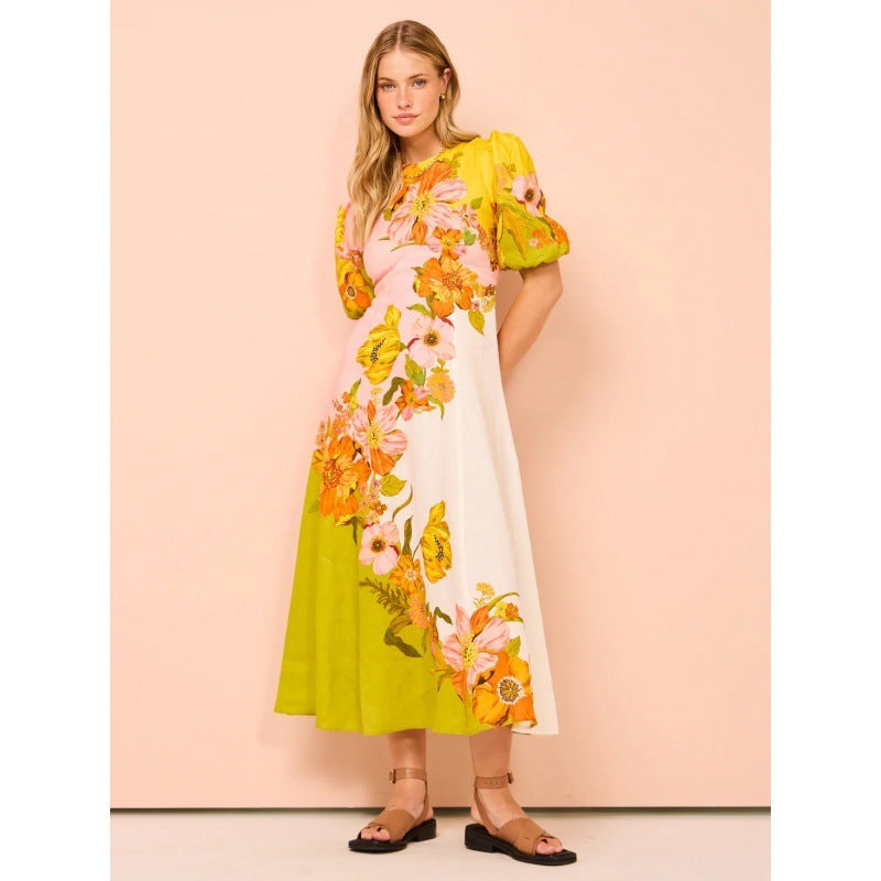 New Printing Fashion Puff Sleeve All-matching Slim Fit Large Swing Dress