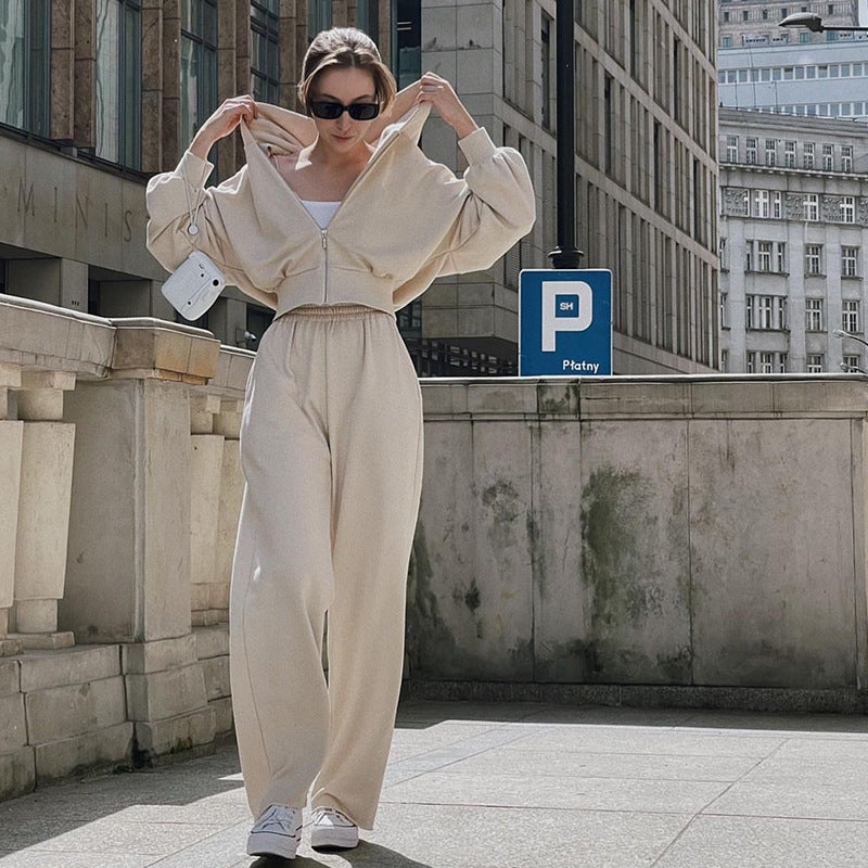 Long Sleeve Zipper Hooded Sweater Solid Color Laced Pants Two-piece Set