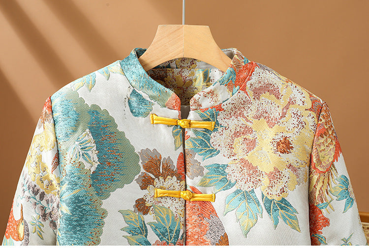 For The Sake Of Beauty Jacquard Buckle Round Neck Vintage Coat